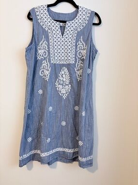 NorthStyle Blue Embroidered Cotton Sleeveless Tunic Dress Size 18 Boho
